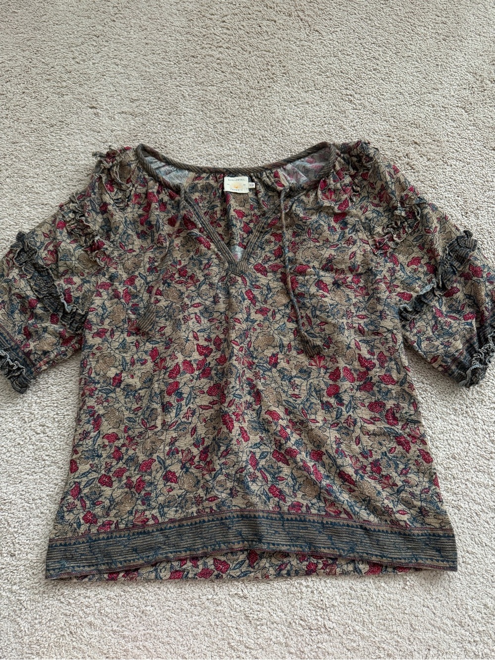 Faherty Tan Floral Tie-Neck Tunic with Red Accents